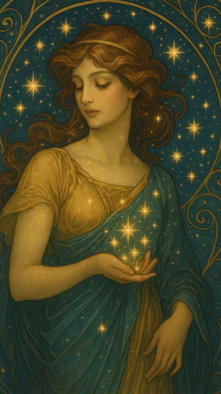 Ethereal vrouw in golvende gewaden houdt gloeiende sterren vast, vastgelegd vanuit een frontale hoek