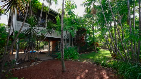 elevated house with lush tropical gardens and sunlit gravel pathways with sun flares coming through the treetops