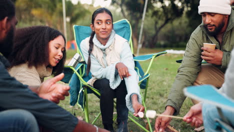 Fire,-camping-and-friends-with-marshmallow