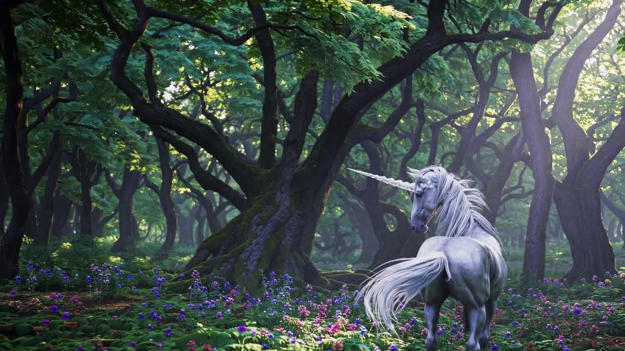 A mystical unicorn in a lush forest, captured from a low-angle, creating a magical video game