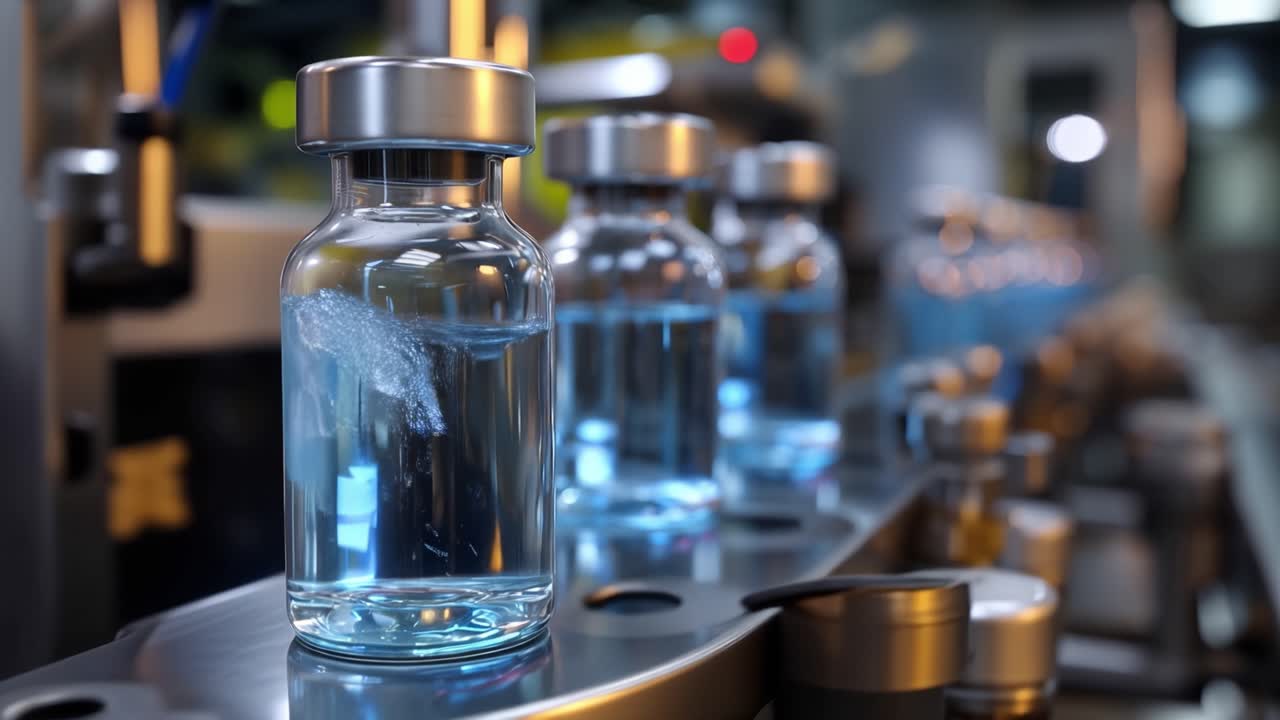 Automated Pharmaceutical Production Process Featuring Clear Vials of Liquid along a High-Tech Assembly Line in a Modern Manufacturing Facility