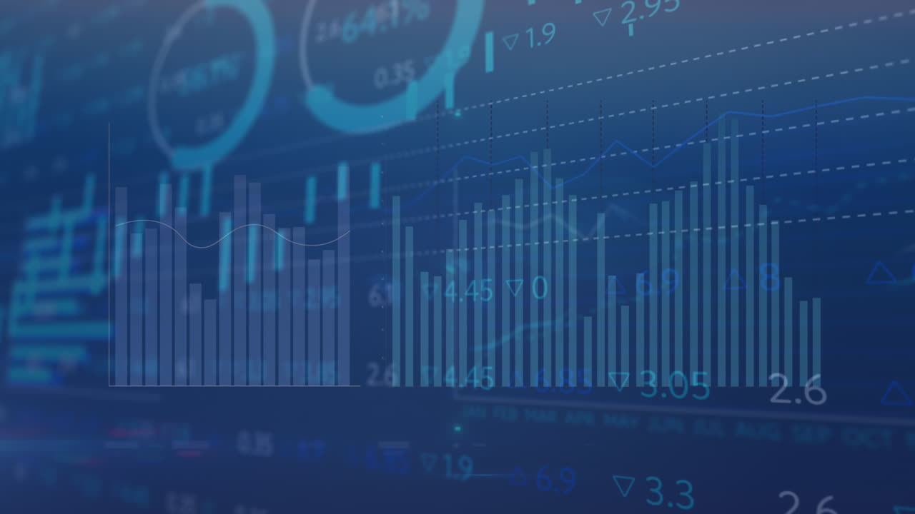 Animation of financial data processing over blue background