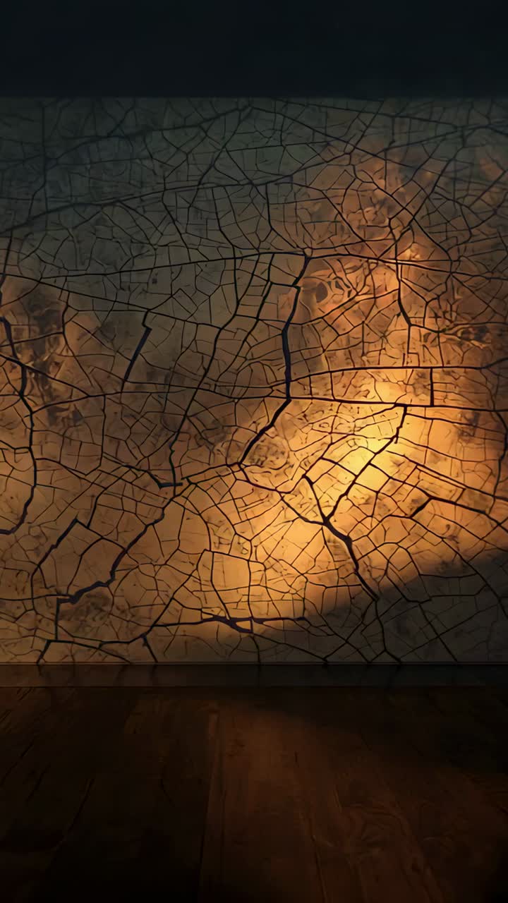 Video verticale: zoom in, la fotocamera rivela il pannello incrinato sulla parete, mostrando la texture nella luce ambrata
