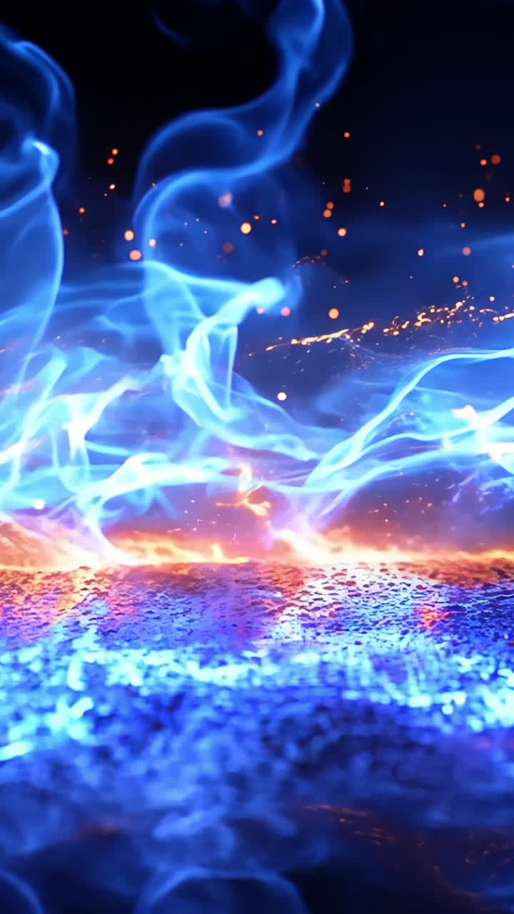A blue flame with orange sparks is shown in the image. The blue flame is surrounded by orange sparks, creating a contrast between the two colors. Concept of energy and movement