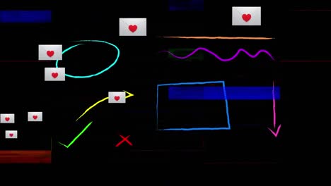 corazón sobre varios iconos de mensaje contra formas abstractas coloridas en fondo negro