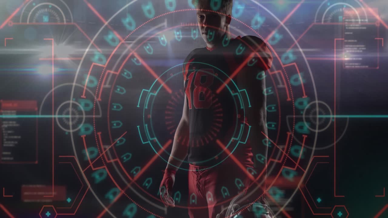 animación del círculo de procesamiento sobre el jugador de fútbol americano caucásico