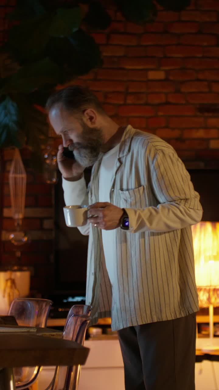 Man talking on phone and drinking coffee at home