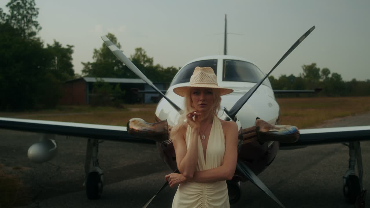 Woman in a hat posing in front of a private jet