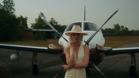 woman in a hat posing in front of a private jet