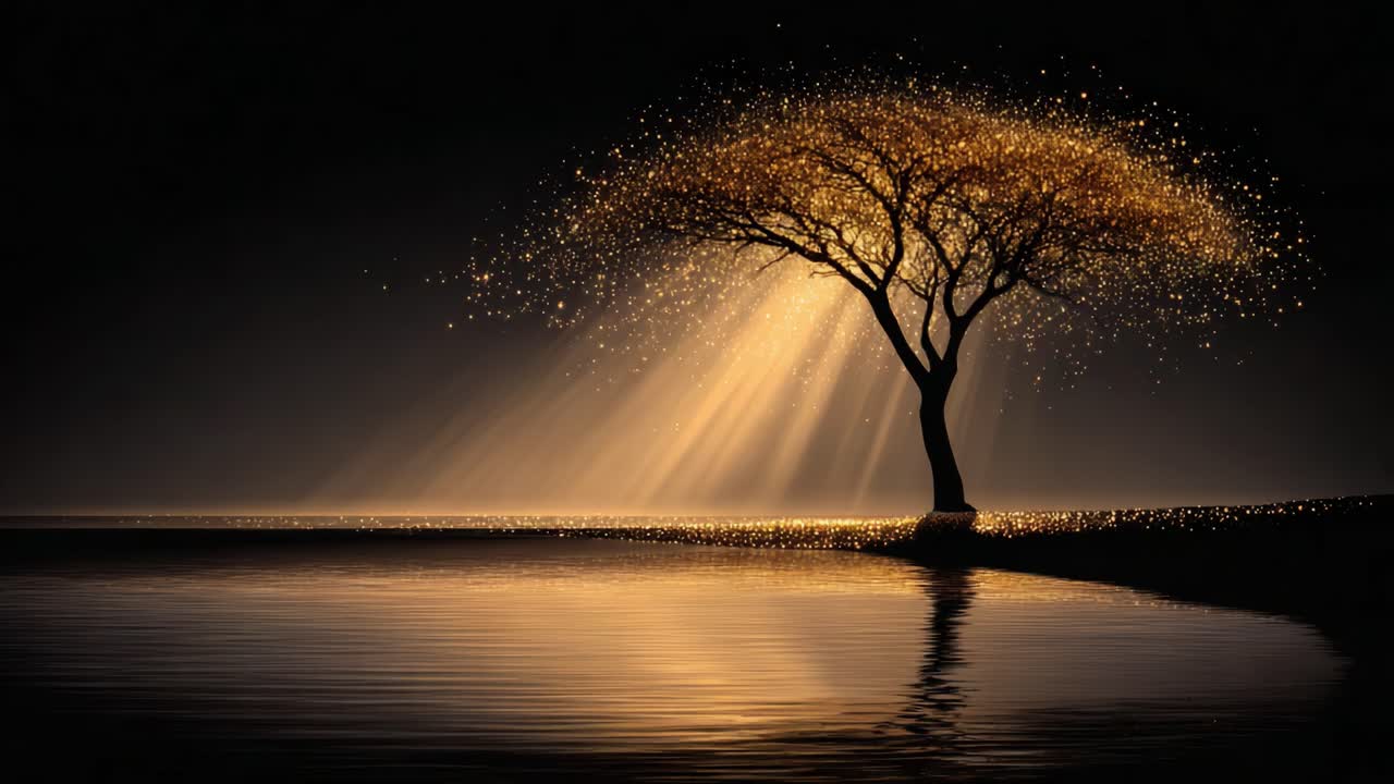 A Stunning Silhouette of a Tree Bathed in Golden Light over a Tranquil Water Reflection, Capturing the Essence of Serenity and Natural Beauty in an Enchanting Scene