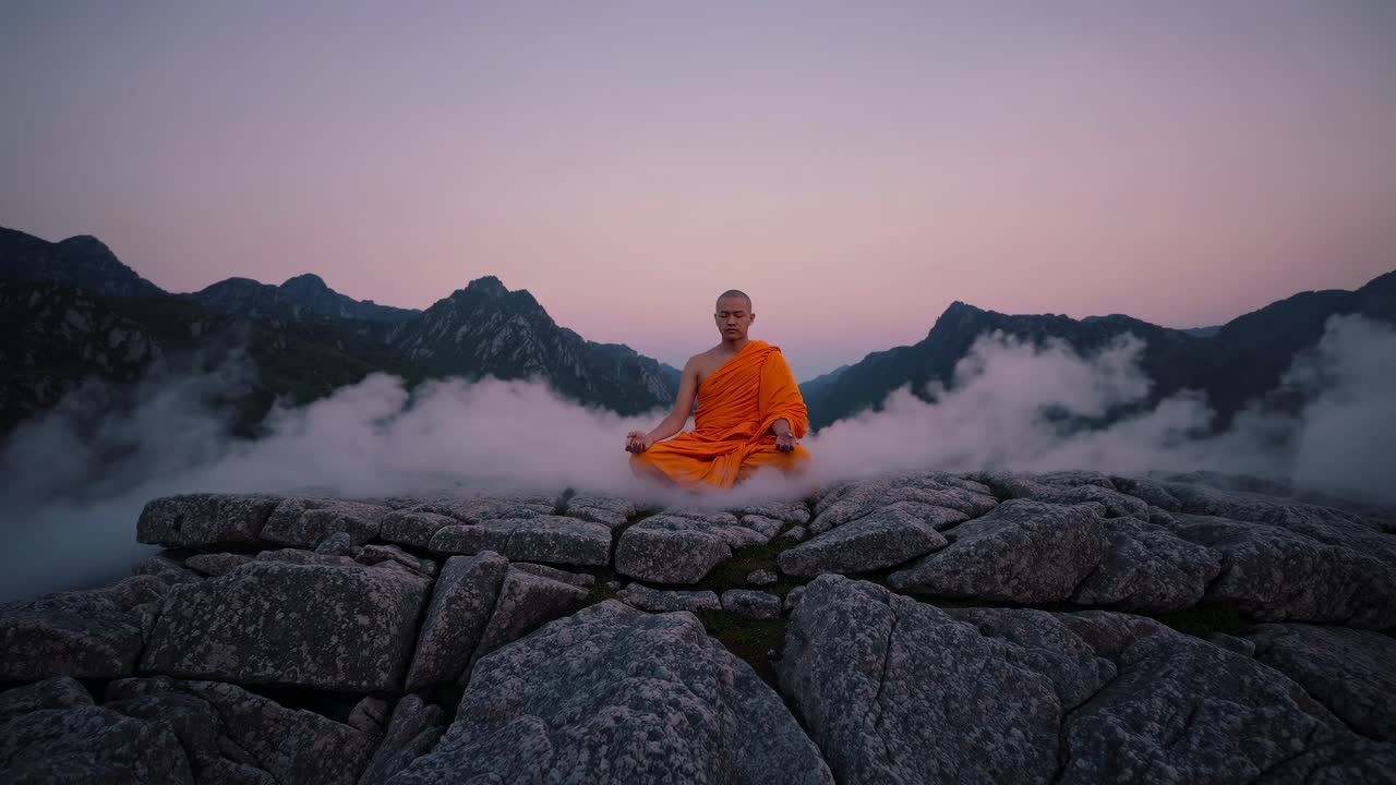 A serene video scene of a monk meditating on a rocky mountain at sunset