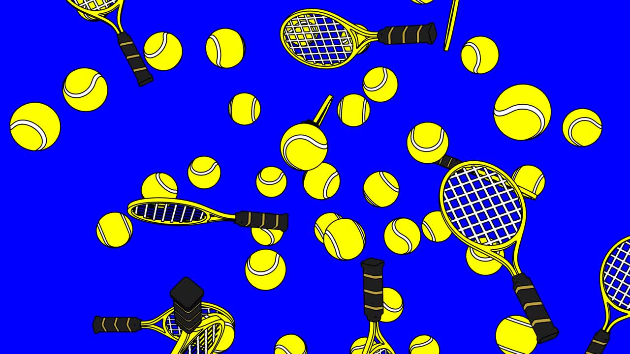 푸른 크로마 키 배경에 노란색 테니스 공과 테니스 라켓.