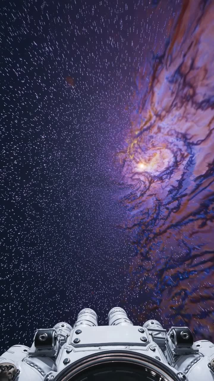 A cosmic video concept with a first-person view from a spacesuit, gazing into a swirling galaxy