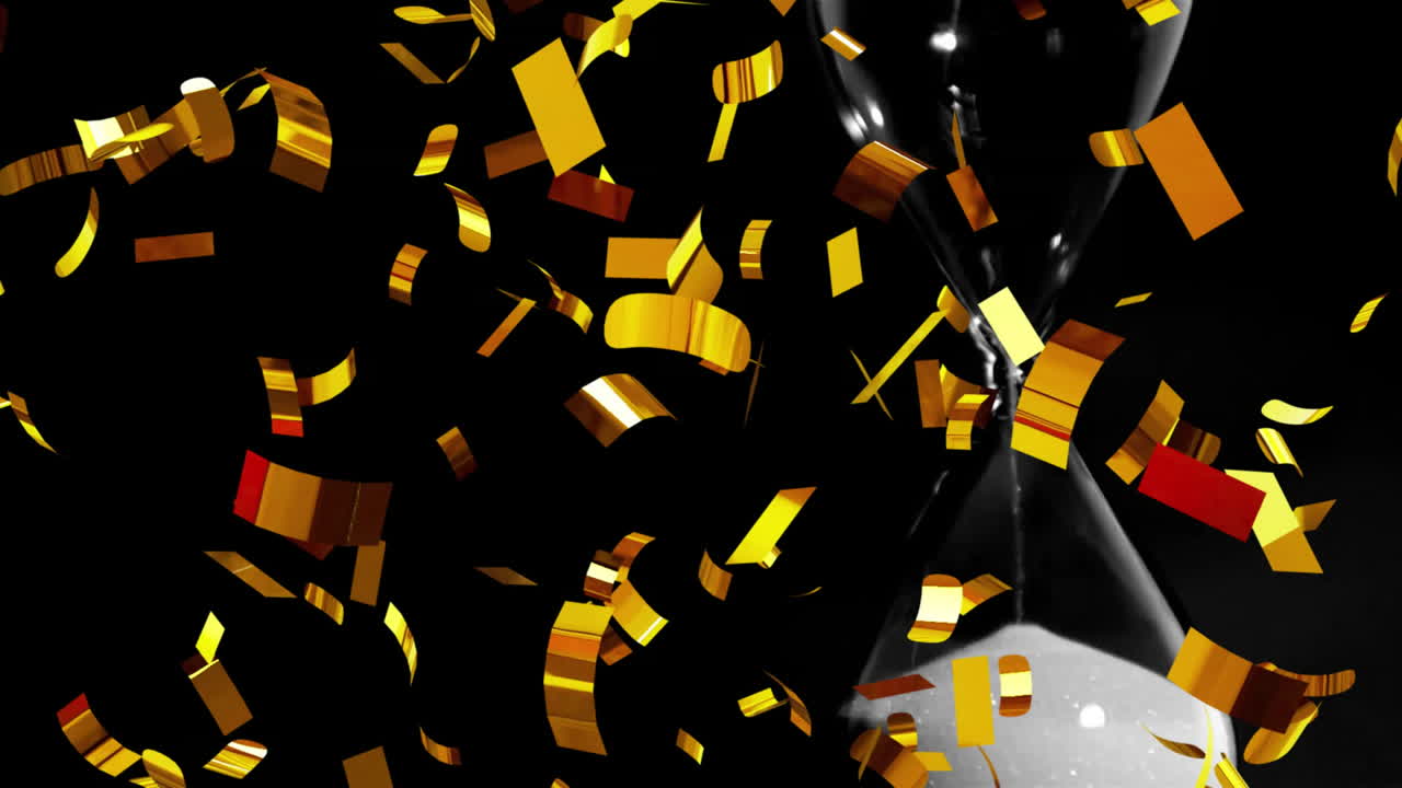 Animation of confetti falling over champagne glass