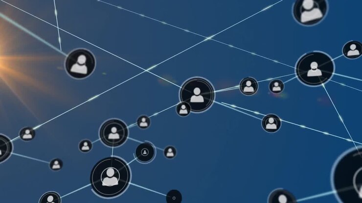 Animation of network of connections with icons over blue background
