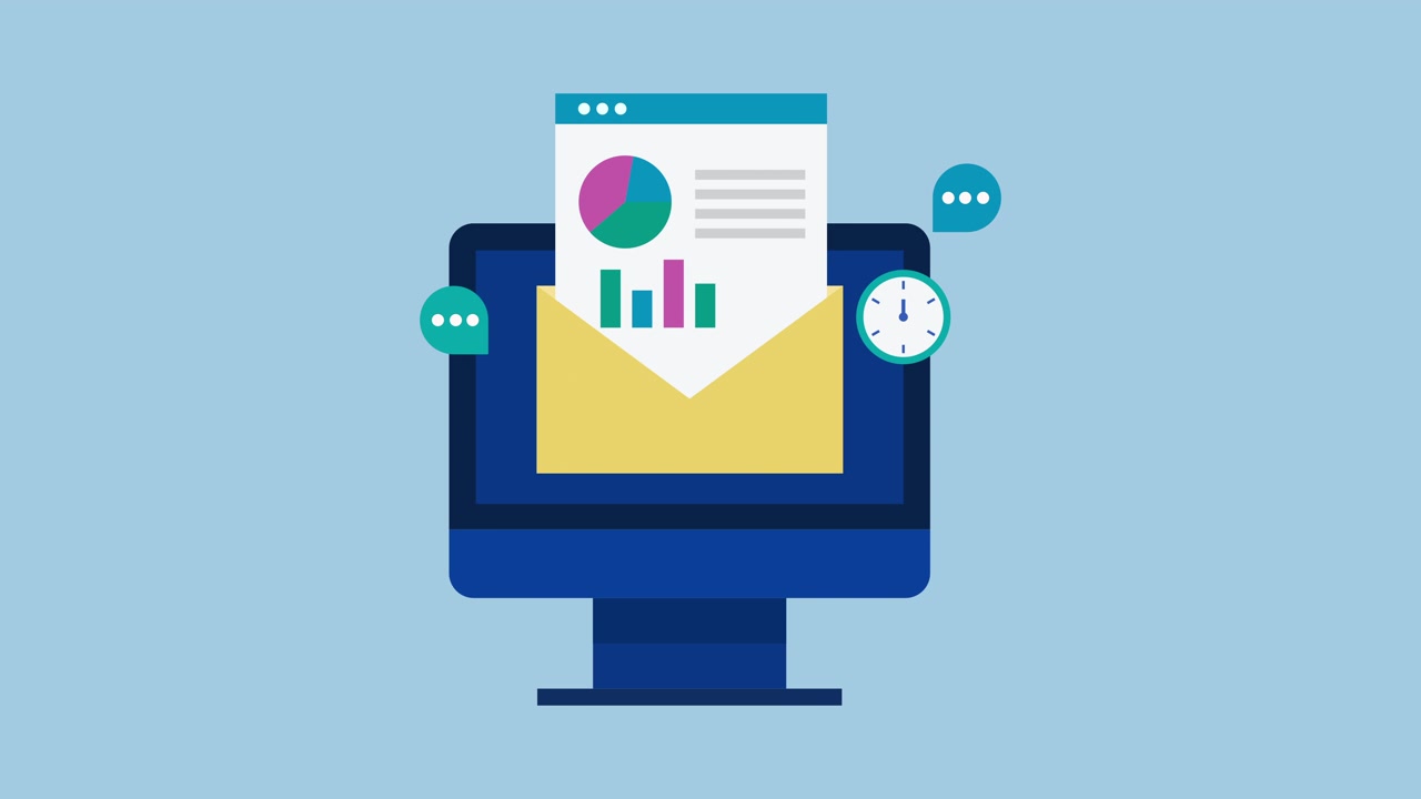 Schermo di computer animato che mostra email e analisi dei dati