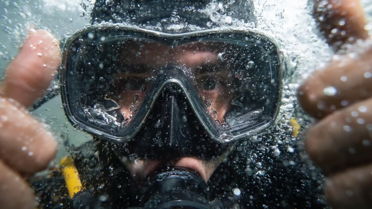 An Enthusiastic Diver Enjoying the Underwater Experience, Displaying a Positive Sign with Their Thumbs Up Gesture Amidst Bubbles and Reflections Beneath the Ocean Surface