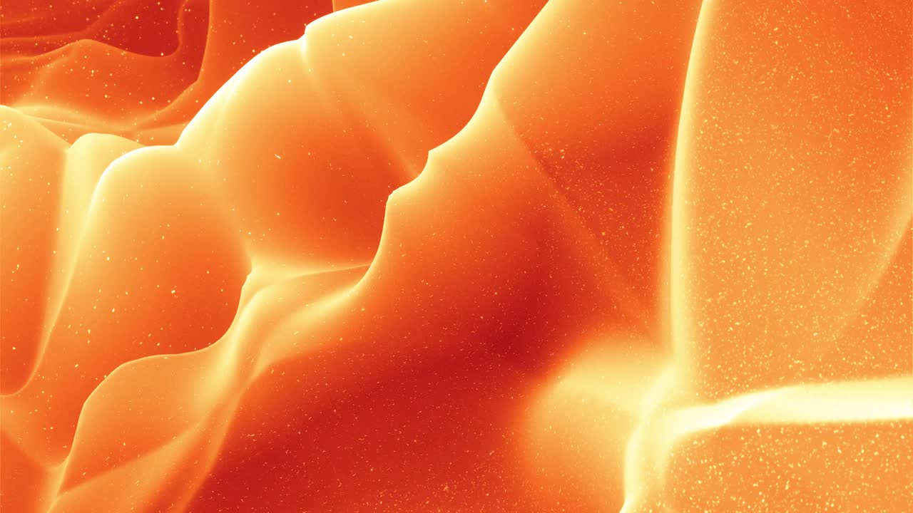 Beautiful abstract 3D surface with glitter sparkles, abstract 3d waves run on surface in loop. Red orange gradient, soft matte material with light inner glow. Smoothly 4k animation