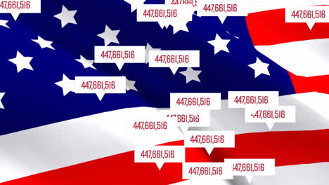 animation of the usa flag over multiple bubblespeech with an increasing number in them