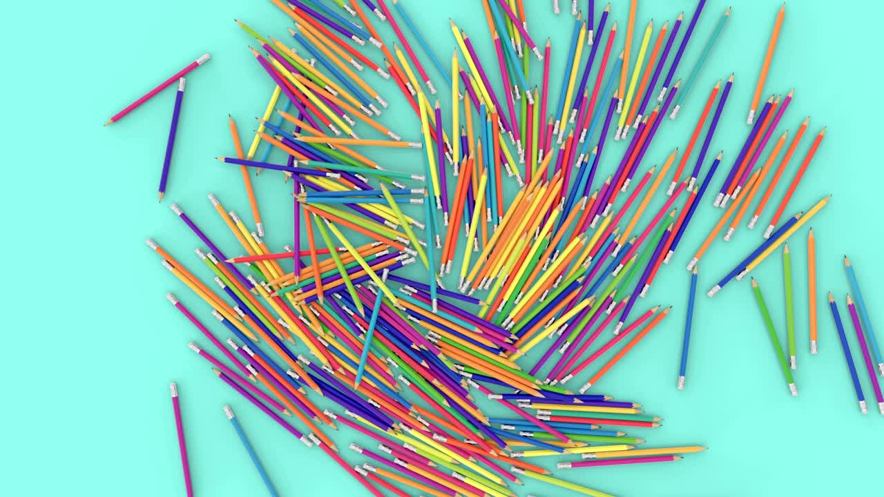 많은 다채로운 연필이 서서 떨어집니다.