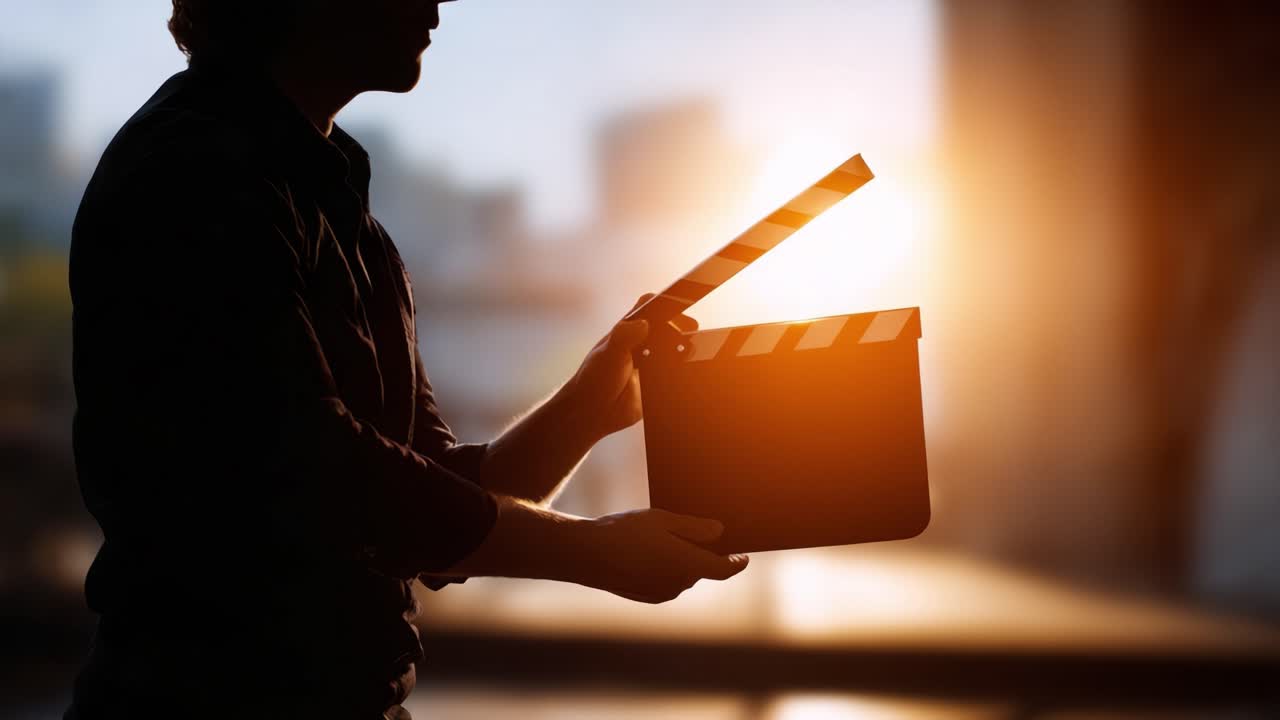 Capturing Cinema Moments: An Enthusiast Prepares to Start Filming with a Clapperboard Against a Beautiful Sunlit Background
