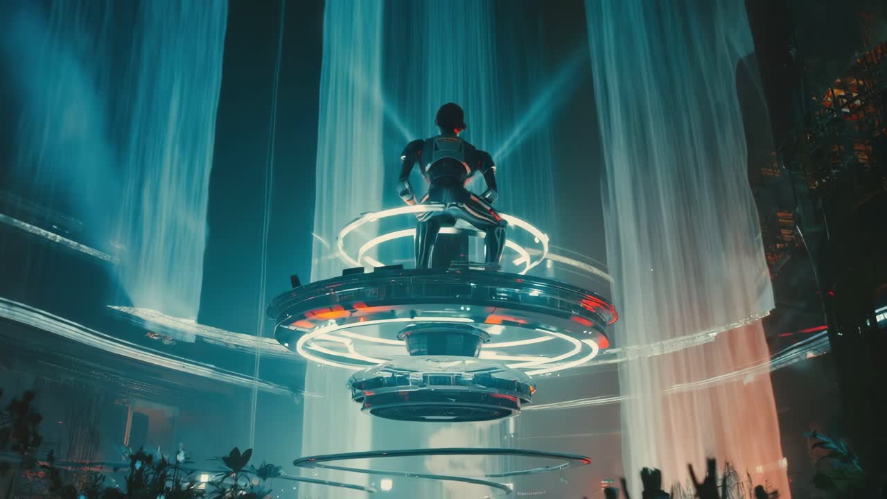 Futuristic Figure on a Platform Amidst Waterfalls
