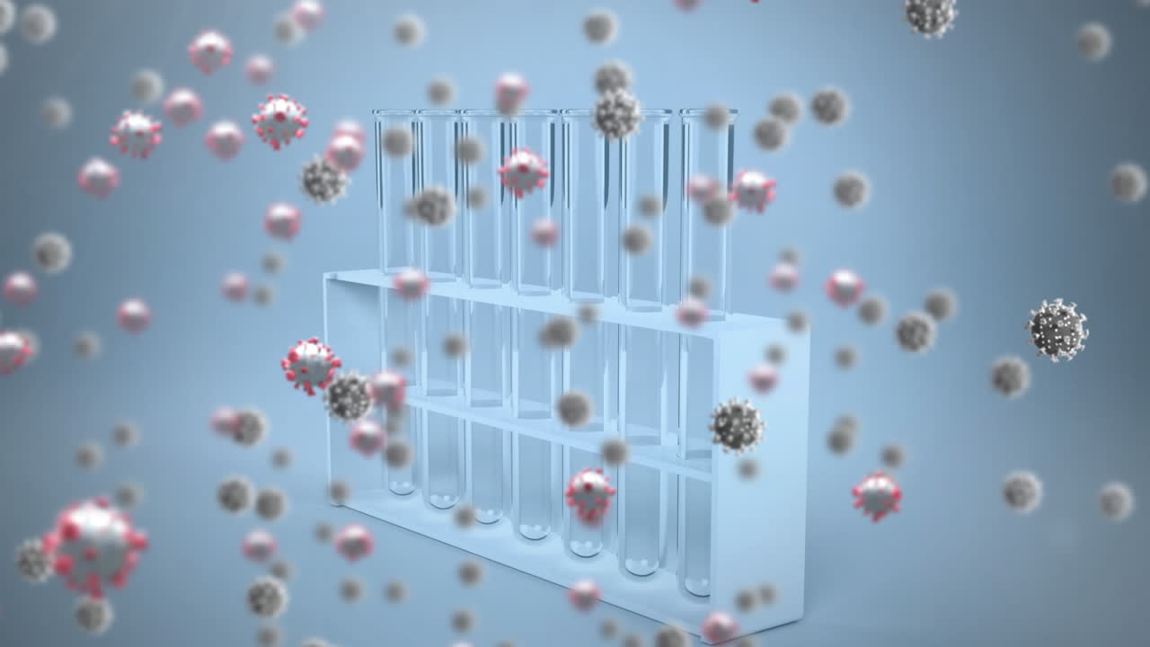 코로나 19 세포를 분자와 시험관 위에 애니메이션으로 표현합니다.