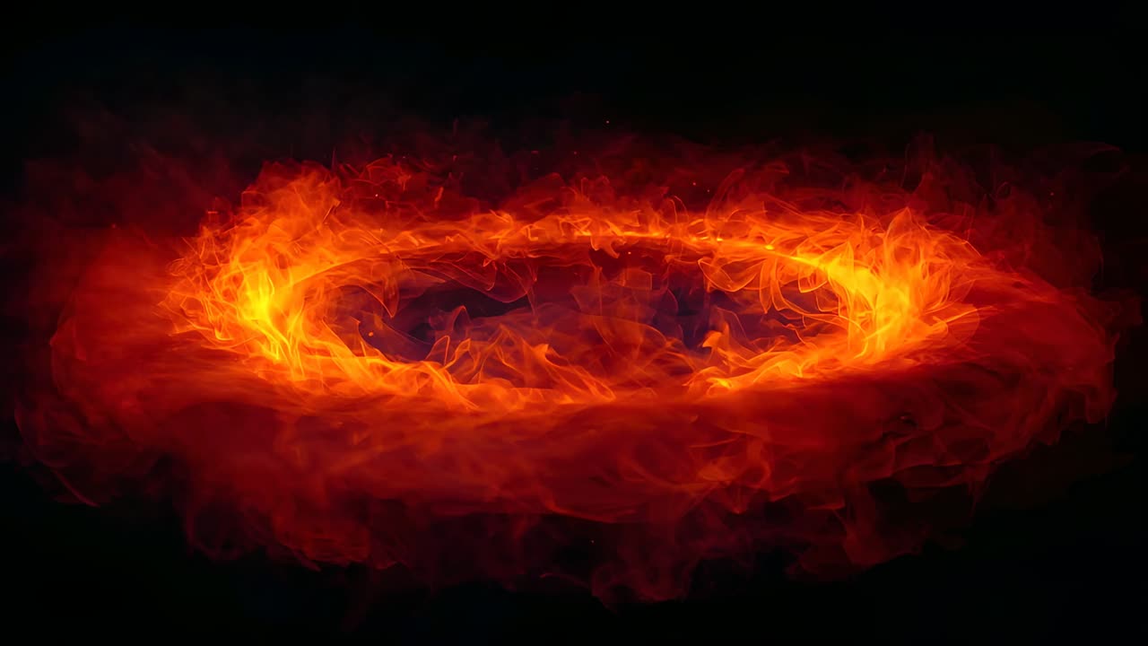 Heating circular metal ring causing flames swirling inside furnace, forming orange-yellow loops