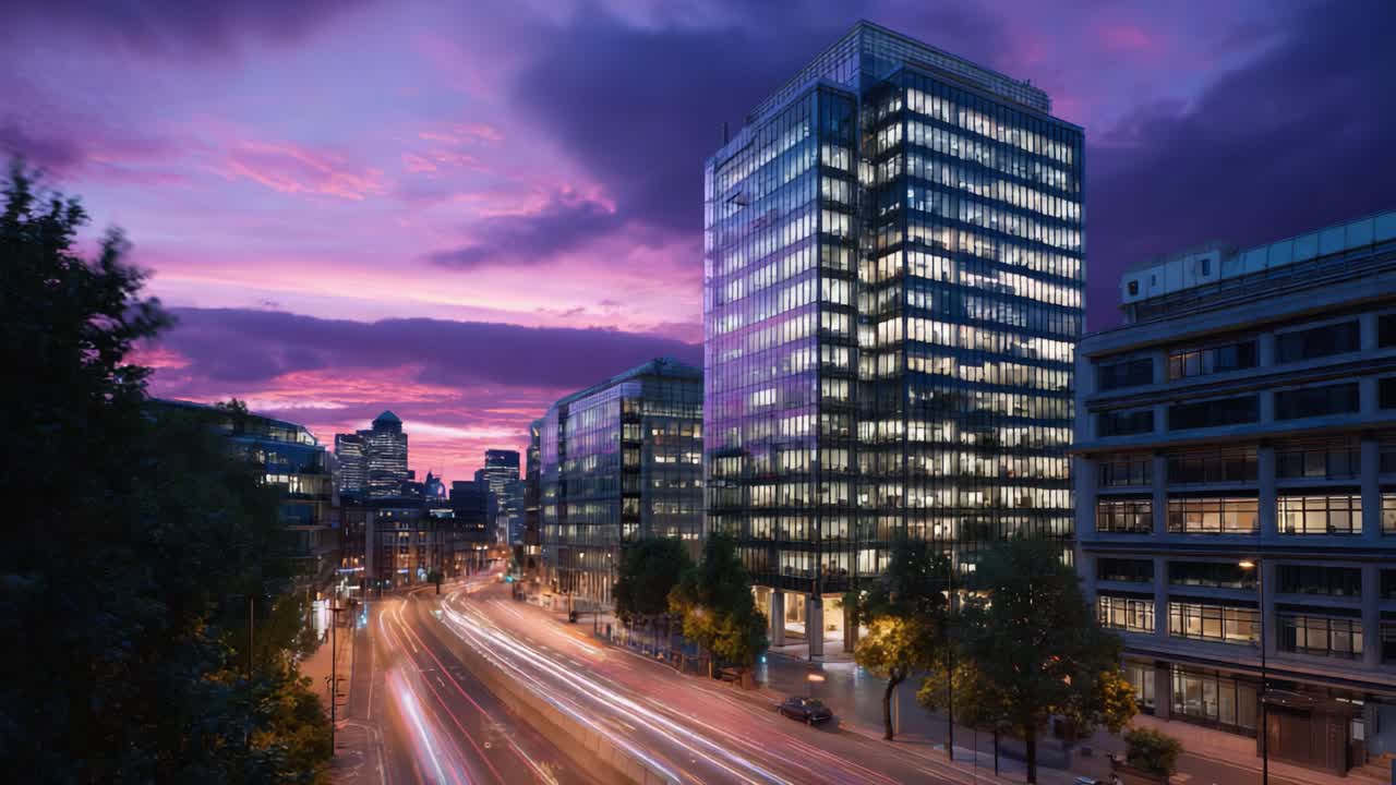 Paisagem urbana ao anoitecer: edifícios iluminados e fluxo de tráfego sob um céu vibrante com ricos tons de roxo e azul refletindo a atmosfera noturna