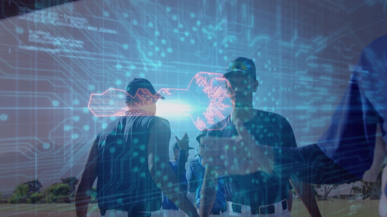 Baseball teammates engaging in handshake on grass field, showing sports analytics grid and data