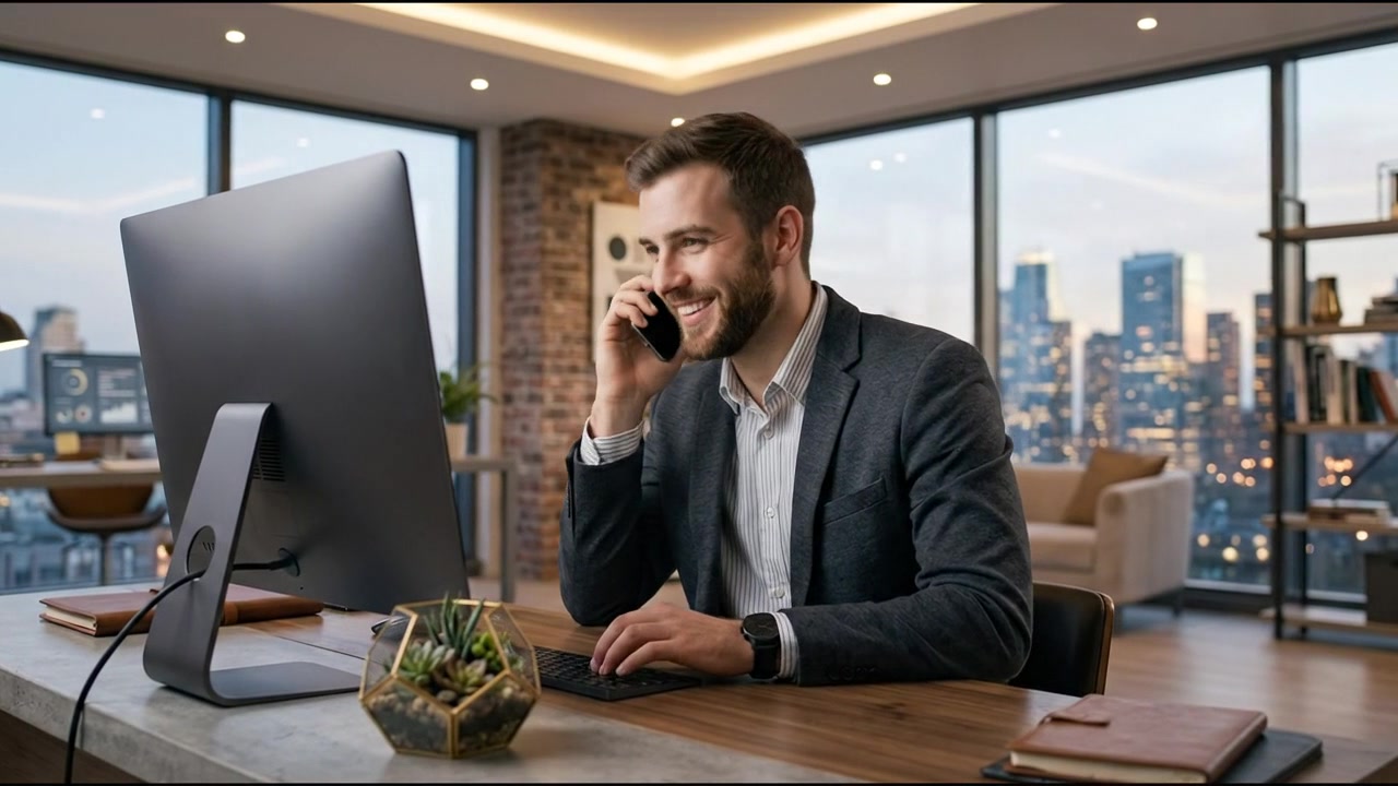 Professionista aziendale che lavora al computer desktop in uno spazio di lavoro d'ufficio contemporaneo
