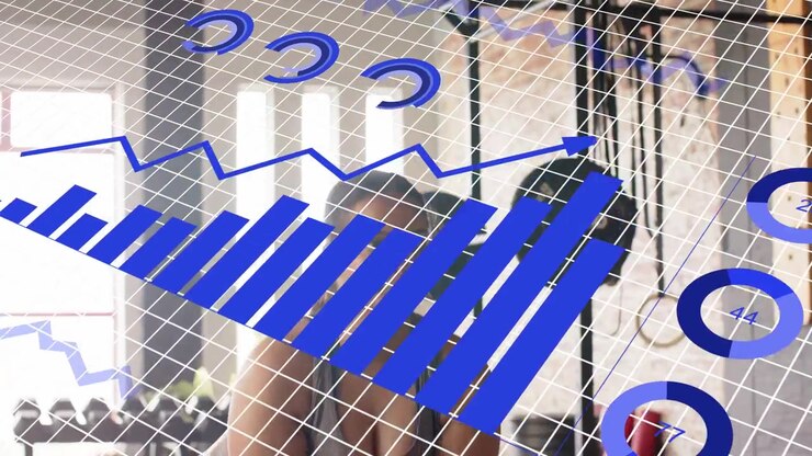 Woman raising arms by rig, launching blue fitness charts and grid, diagonally overlaying torso