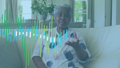 Animation-Der-Datenverarbeitung-Gegen-Eine-Afroamerikanische-Seniorin,-Die-Zu-Hause-Einen-Videoanruf-Führt