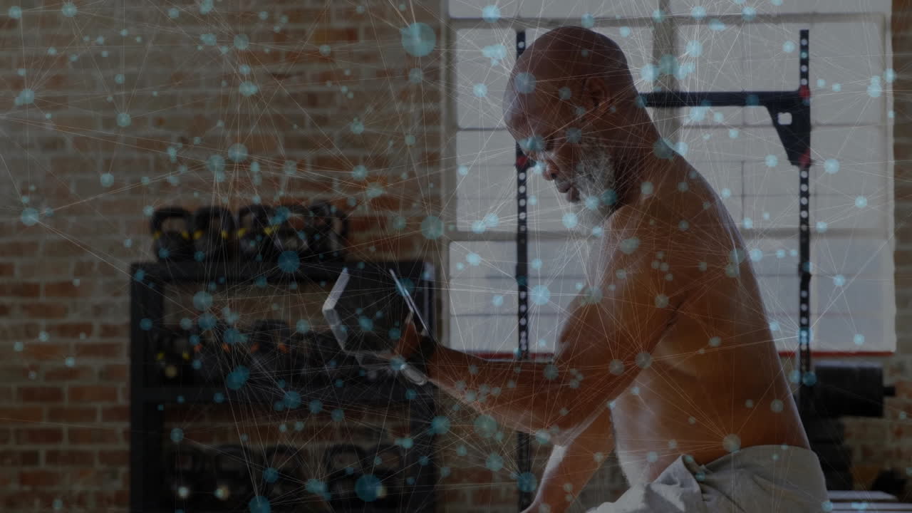Man lifting dumbbell with network connections and data processing animation overlay