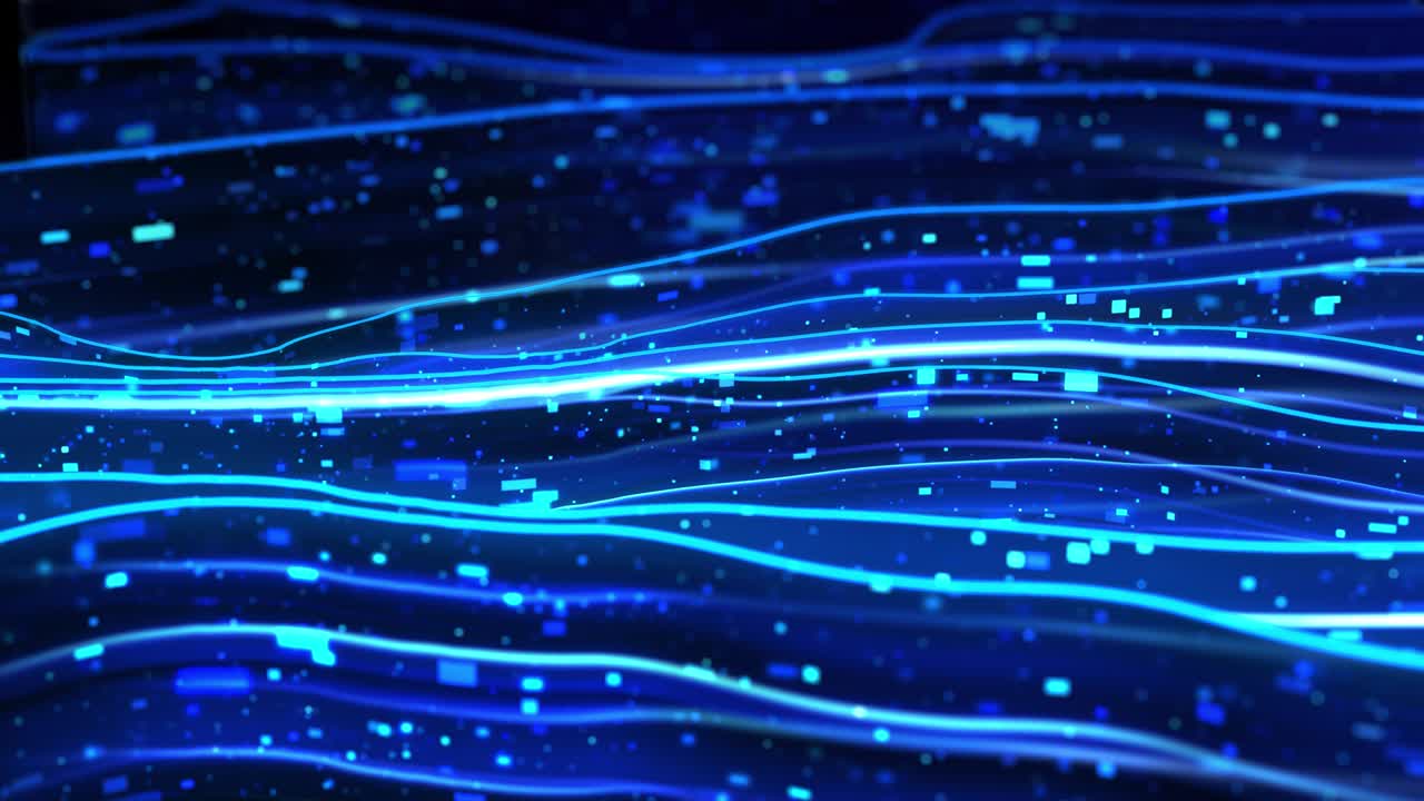 빛나는 파동에서 흐르는 데이터 코드 패과 노드의 미래의 디지털 스트림 - 가상 데이터 전송 전송 개념