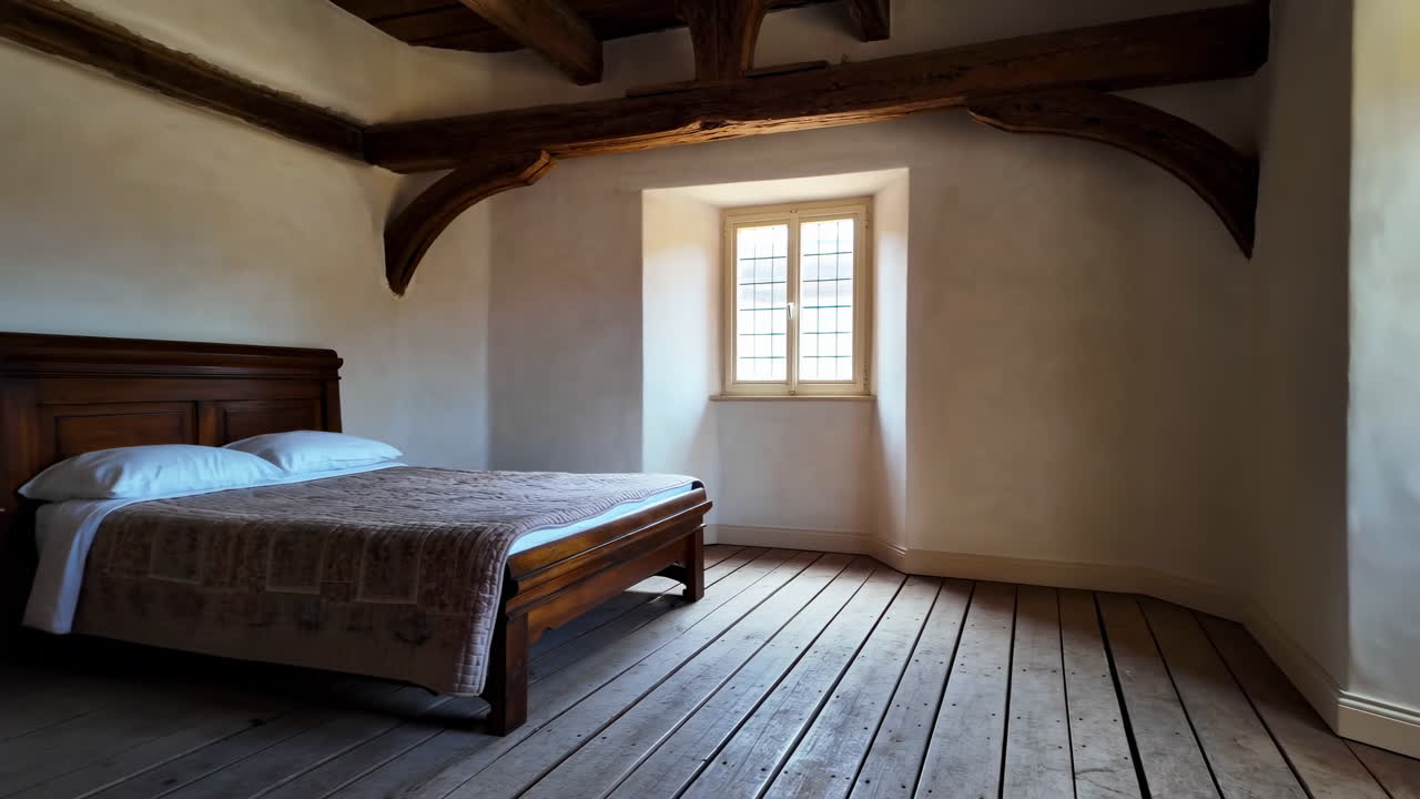 Sonnenbeschienenes rustikales Schlafzimmer mit Holzboden, freiliegenden Holzbalken und verputzten Wänden, einflügeliges Fenster wirft warmes Licht