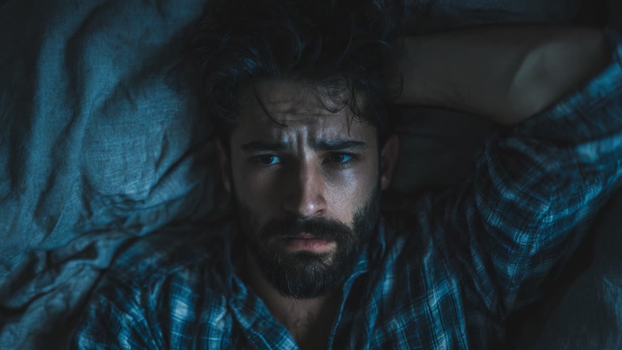 Un momento introspettivo: un uomo sdraiato su un letto, perso nei suoi pensieri, catturato in due fotogrammi distinti da un servizio video che raffigura contemplazione e vulnerabilità.