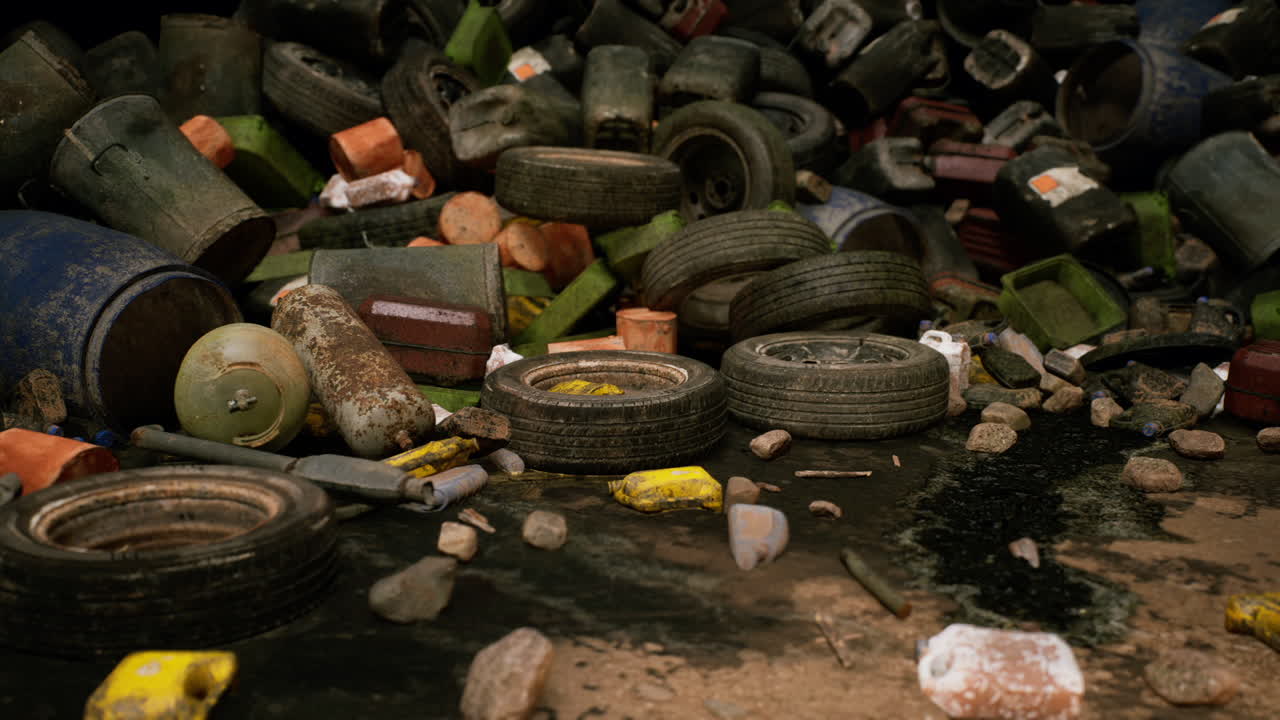Tires and trash litter a polluted urban waterway