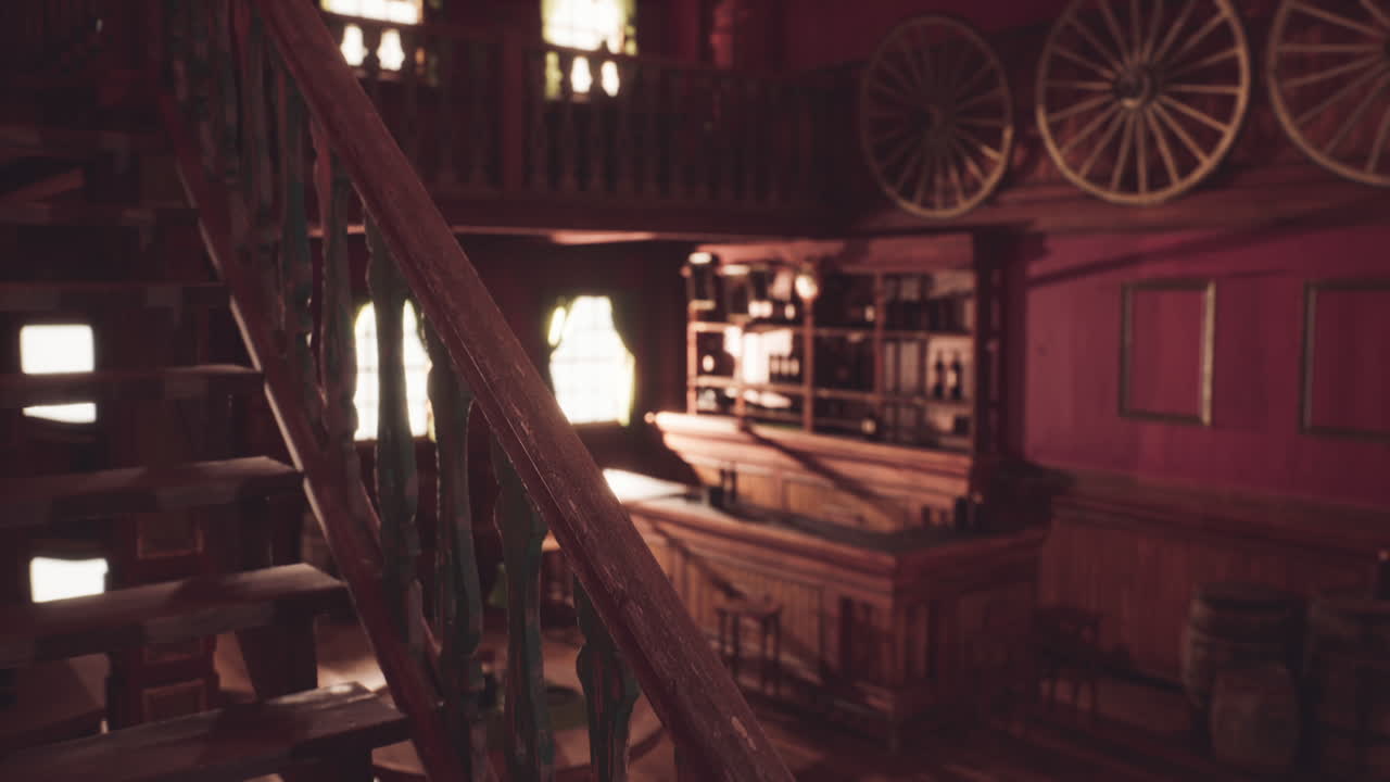 시골적인 장식으로 빈티지 술집 안의 우아한 나무 계단