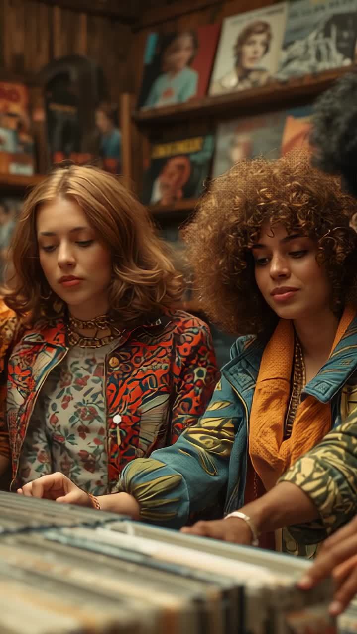 Vertical video: Opening shot showing two friends reaching into record bin, browsing vinyl in shop
