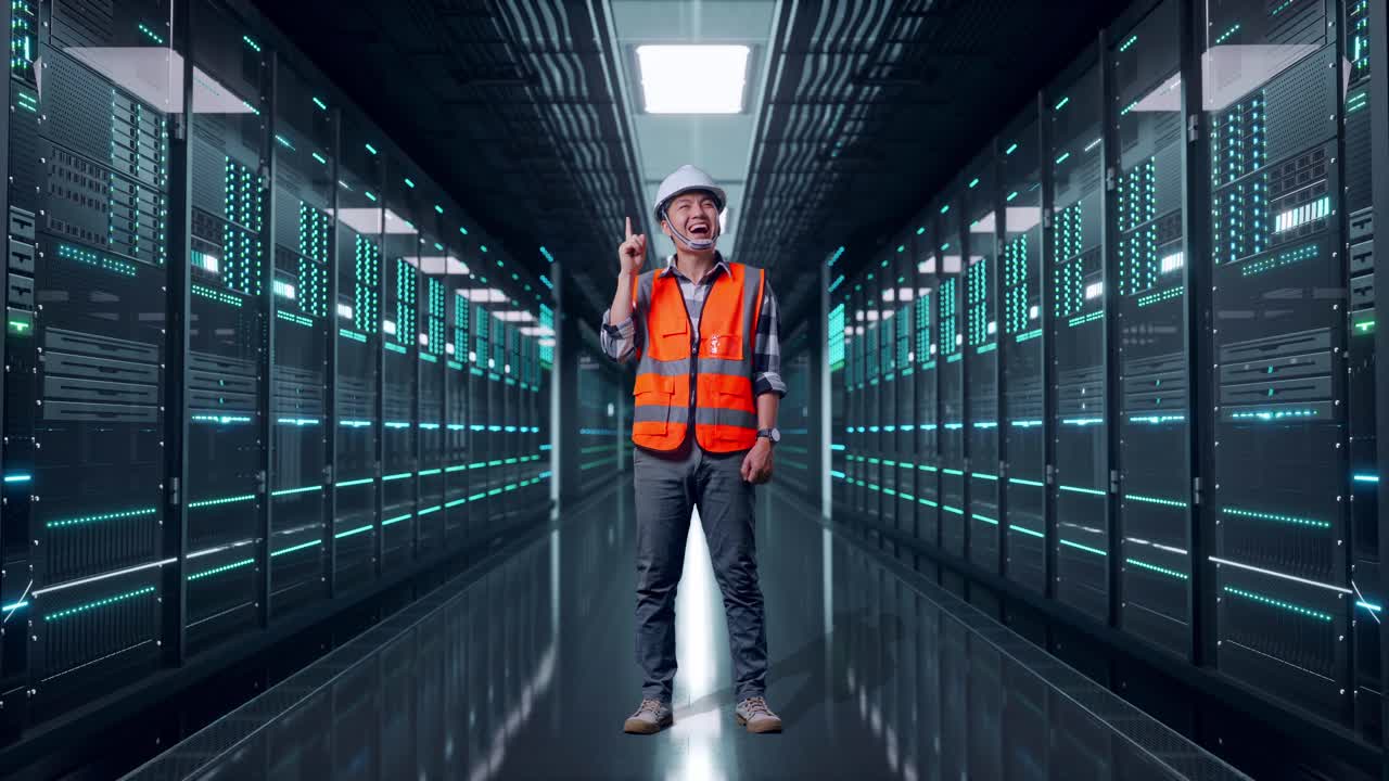 Full Body Of Asian Male Engineer With Safety Helmet Thinking And Looking Around Then Raising His Index Finger While Standing in Server Room Data Center