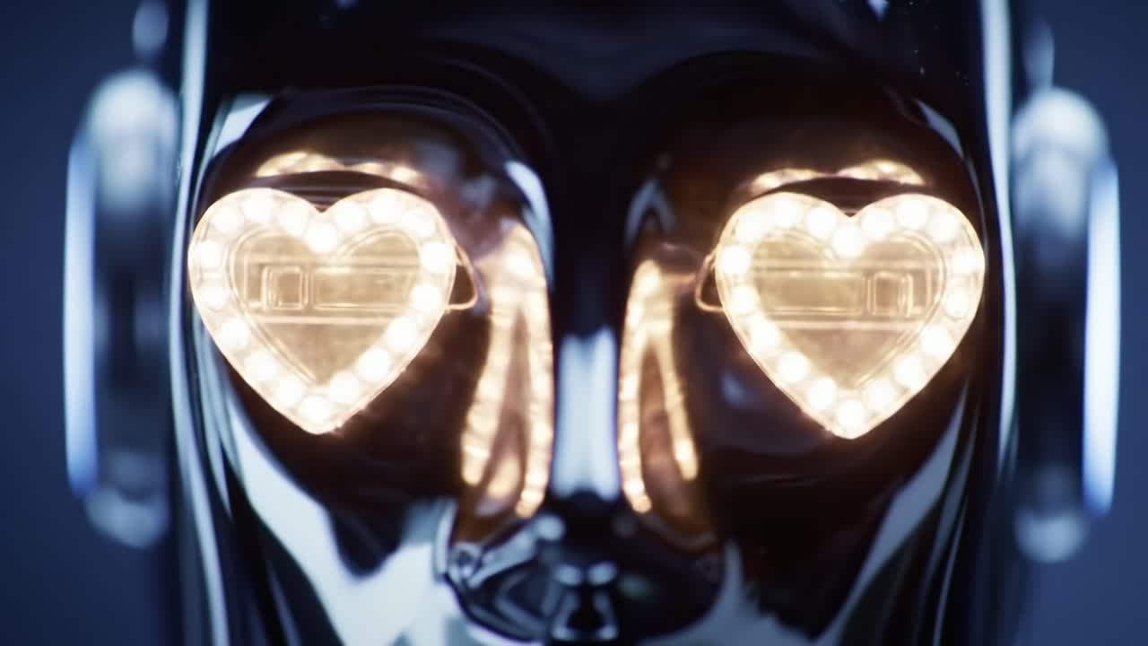 A Futuristic Robot with Heart-Shaped Lights in Its Eyes Symbolizes Love and Emotion, Merging Technology with Human Feelings in a Modern Digital Landscape