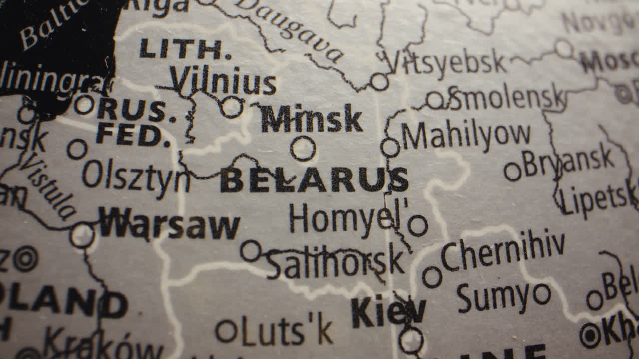 Close-up of a map focusing on Belarus and surrounding Eastern European countries