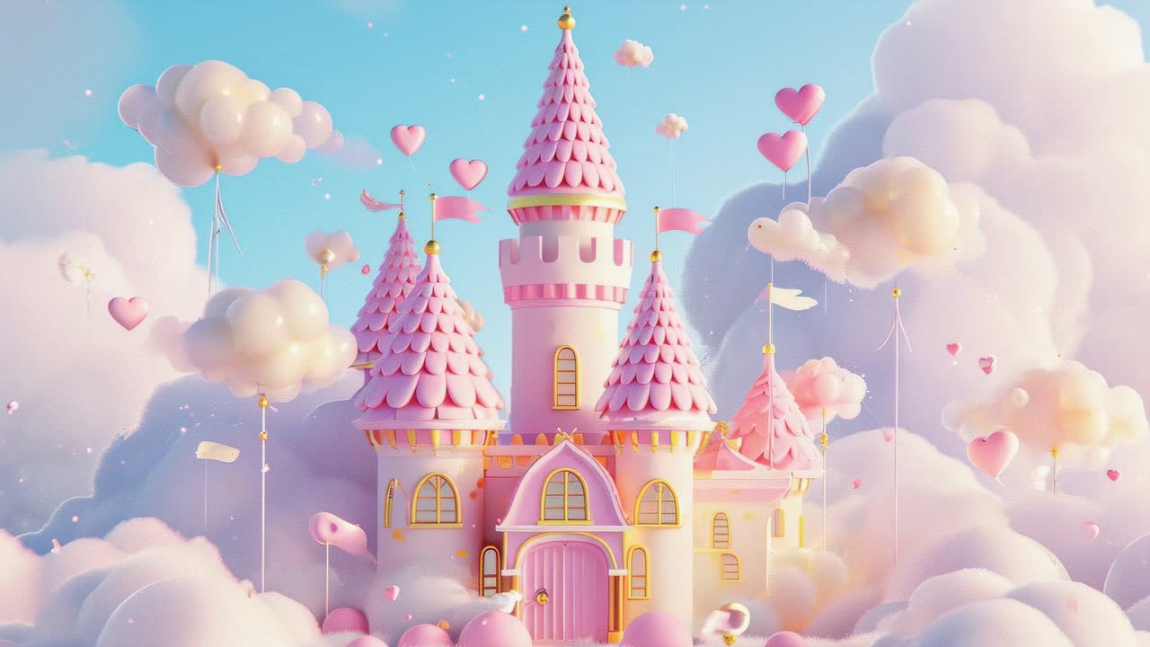Whimsical video concept of a pink fairytale castle surrounded by fluffy clouds and heart balloons