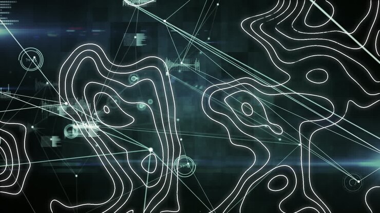Digital animation of topography over network of connections and data processing on black background