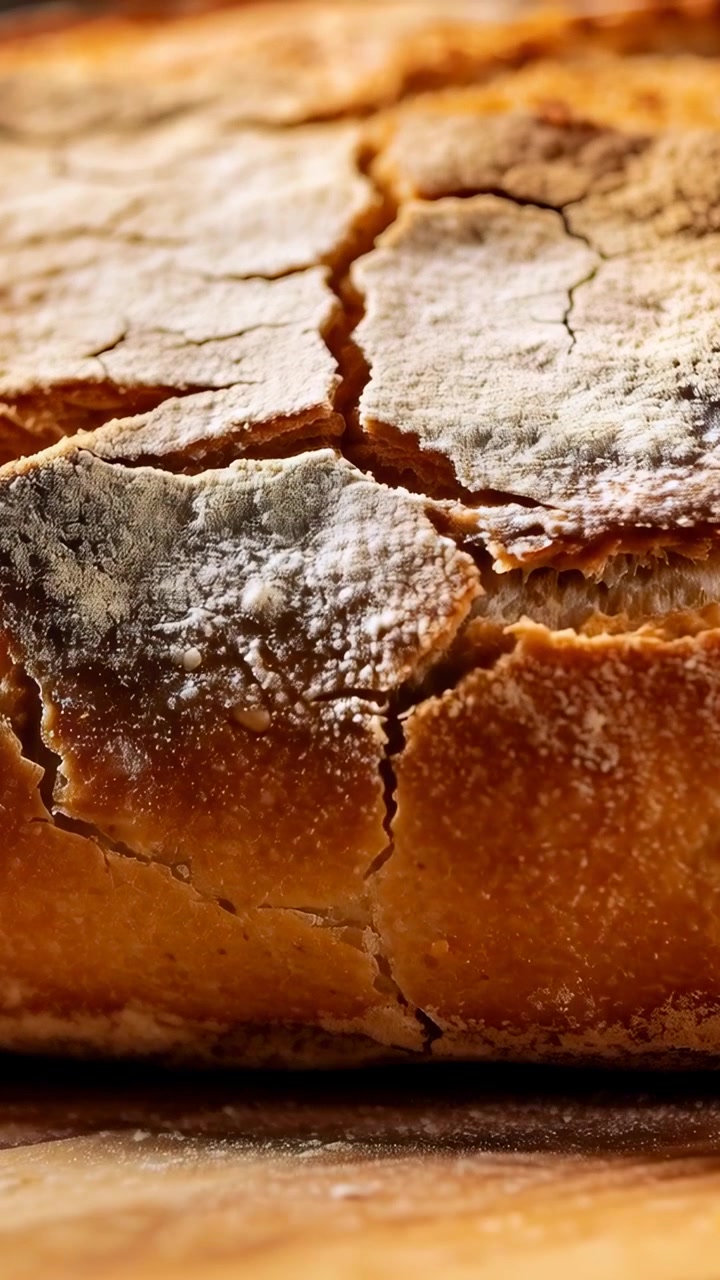 Video verticale: Telecamera che si allontana rivelando una pagnotta rustica su un tagliere, con polvere di farina e scaglie di crosta per la consistenza.