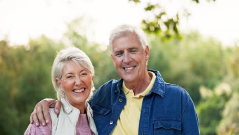 face, funny and senior couple in nature