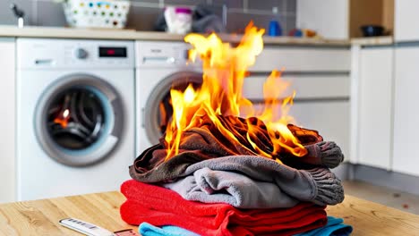 a stack of clothes on a table in front of a burning washing machine