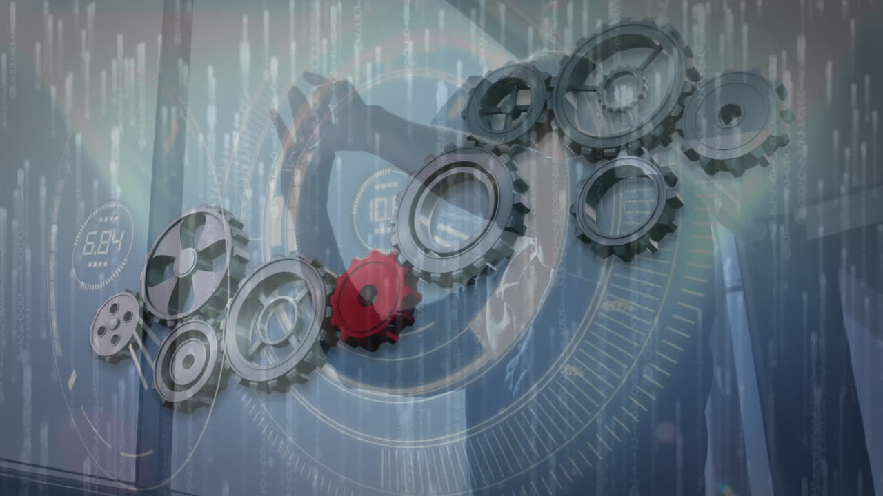 animación de engranajes girando sobre el hombre que lleva auriculares vr