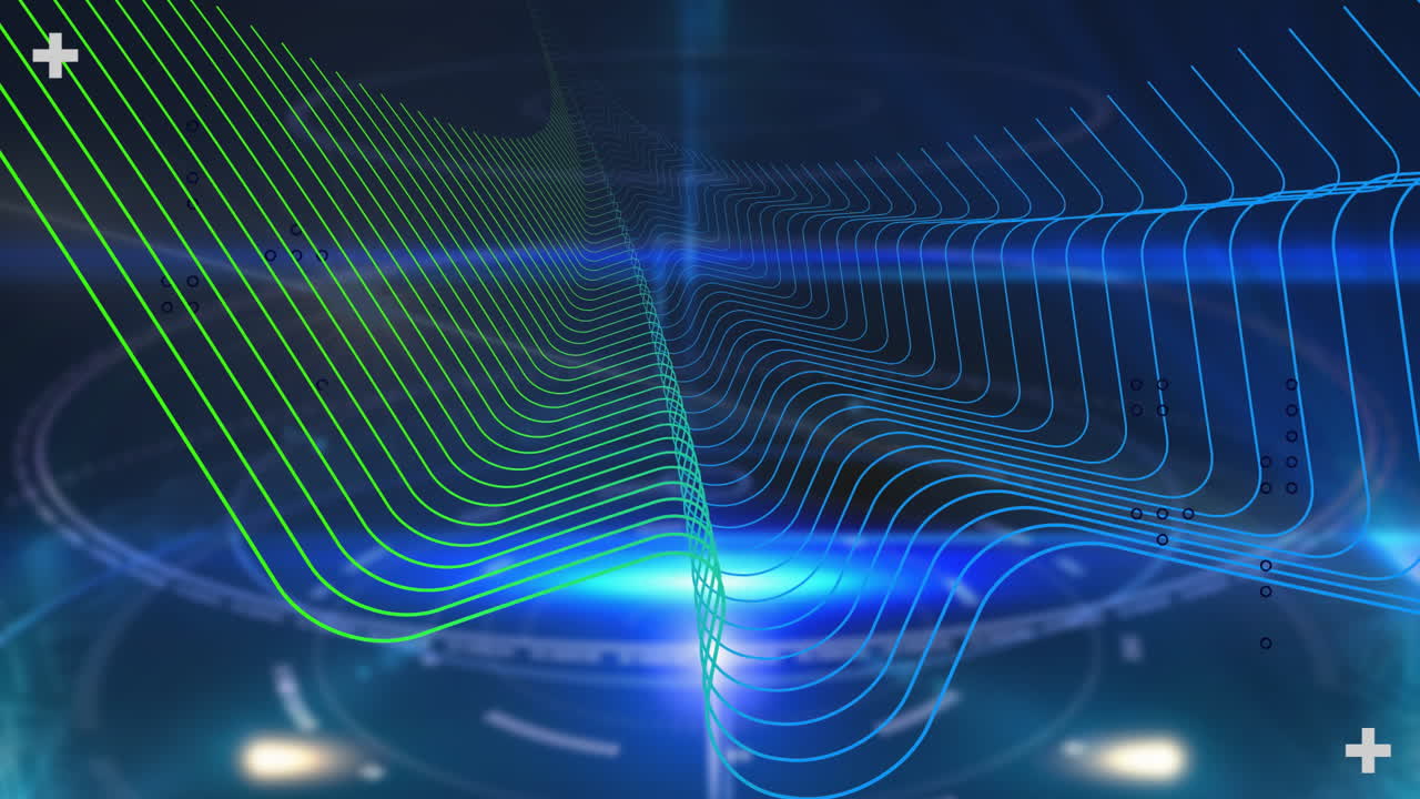 Creating dynamic patterns, green and blue waveforms over digital animation background